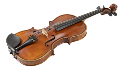 Wooden violin with dark strings and chin rest isolated on a transparent background