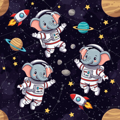 Cute elephants in spacesuits exploring the cosmos. Perfect for children's books, textiles, or space-themed designs.