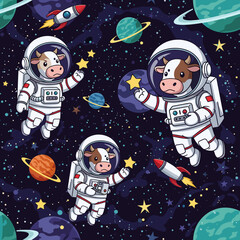 Cute cows in spacesuits exploring the galaxy, perfect for children's books or space-themed apparel.