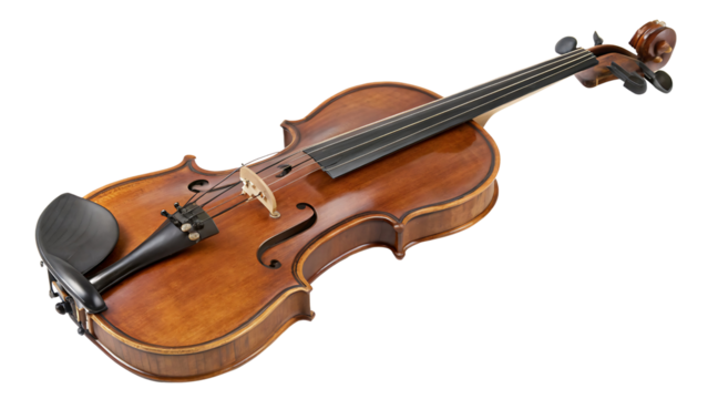 Wooden violin with dark strings and chin rest isolated on a transparent background