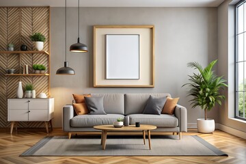 A modern living room interior with a gray sofa and wooden accents