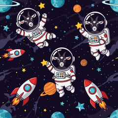 Fototapeta premium Cute goats in spacesuits floating in space, perfect for children's books or apparel.