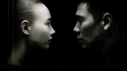 Portrait of an Asian couple looking at each other on a black background