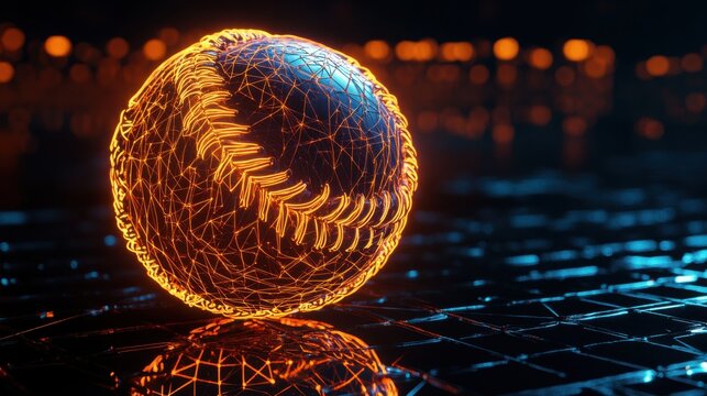 Futuristic rendition of a baseball sphere with luminous patterns on grid surface