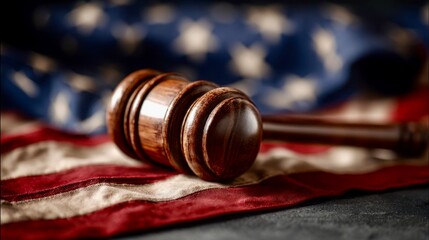 Wooden judge’s gavel resting on a folded American flag, symbolizing justice, law, and the United States legal system.