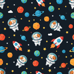 Cute astronaut dogs and planets seamless pattern for kids' fabric, wallpaper, or website background.