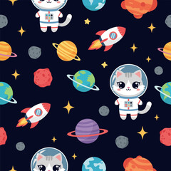 Cute Astronaut Cats Seamless Pattern: Perfect for kids' apparel, textiles, or space-themed projects.
