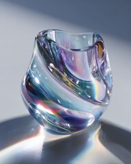 a uniquely designed glass vase, capturing light and reflections, showcasing its artistic craftsmanship