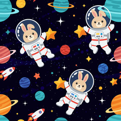 Adorable bunnies in spacesuits exploring the cosmos, perfect for children's books or textile prints.