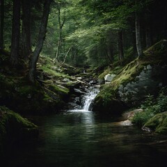 Fototapeta premium Serene Forest Stream Cascading Through Mossy Rocks: A Tranquil Nature Escape