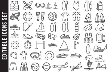 A large, editable line art icon set for water sports, summer vacation, and beach activities, including icons for swimming, surfing, kayaking, sailing, and boating.