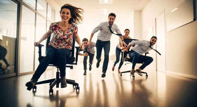 Coworkers racing office chairs down a hallway with a tilt-shift effect
