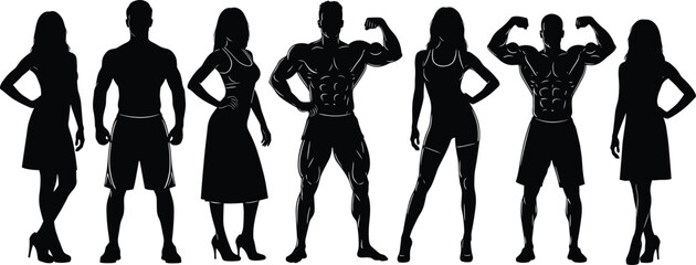 Set of Human Body Silhouettes, Including Muscular Men and Slender Women in Various Poses, Ideal for Fitness, Bodybuilding, Fashion, and Health Concepts, Black Vector Illustration
