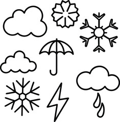 This weather icons set features a vector illustration of diverse forecast symbols like an umbrella, rain, cloud, sun, and snow, perfect for any season, tool, infographic, element, digital, outline