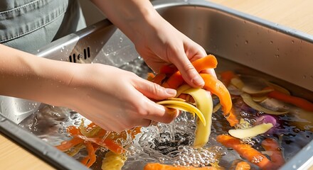 Hands washing vegetable peels for reuse