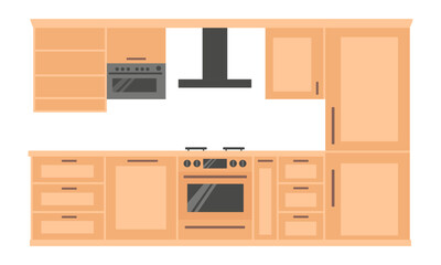 Kitchen furniture interior design. Built-in appliances such as fridge and dishwasher. Lots of cupboards and shelves. Design project.