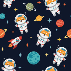 Adorable Shiba Inu Astronauts in Space: Seamless Pattern for Kids' Products