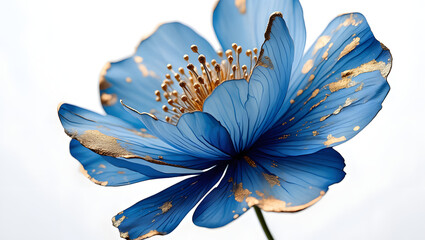 Close up of a delicate blue flower with golden accents and textured petals against a white background