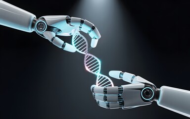 Two robotic hands holding a glowing D N A helix science