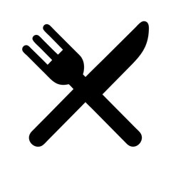 Obraz premium Crossed fork and knife icon, simple restaurant utensils in black silhouette on white background. Crossed fork and knife image suggests dining or culinary theme.
