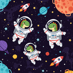 Cute dinosaur astronauts in space, perfect for children's books, websites, or educational materials.