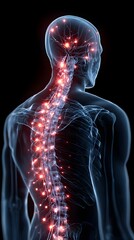 Human body with glowing red pain points on neural pathways illustrating pain or nerve stimulation, set against a dark blue 