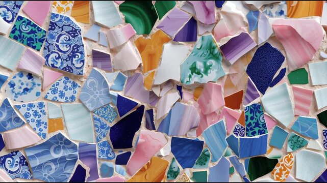 Colorful mosaic made from broken ceramic pieces in a vibrant design displayed outdoors on a bright day