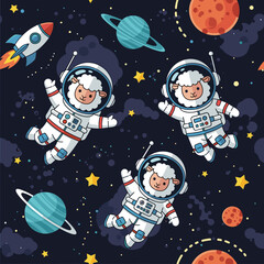Cute sheep astronauts floating in space, perfect for children's books, textile designs, or websites.