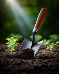 Gardening Shovel Planted Among Young Green Seedlings in Dark Rich Soil Under Natural Sunlight