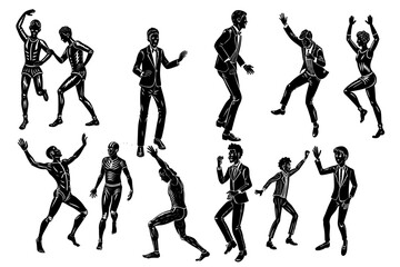 Stylized Dancing and Expressive Human Figures - Black and White Vector Illustration

