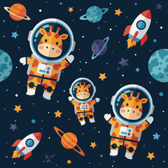 Cute giraffes in spacesuits floating in space, perfect for children's books, textiles, or websites.
