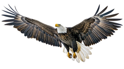 Naklejka premium A majestic bald eagle soars with wings fully extended against a solid color backdrop isolated with white background