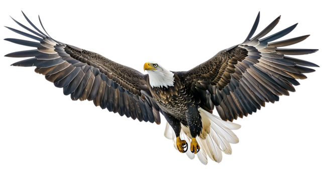 A majestic bald eagle soars with wings fully extended against a solid color backdrop isolated with white background