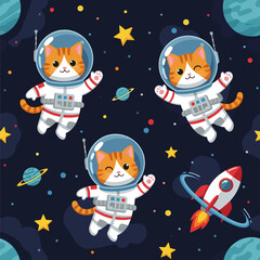 Adorable orange cat astronauts in space: A seamless pattern for kids' clothing, fabric, or wallpaper.