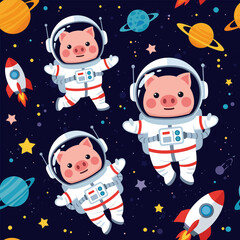 Cute pigs in astronaut suits floating in space, perfect for children's books, textiles, or space-themed designs.