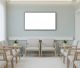 Tv Screen Mockup Template In Hospital Waiting Room With Armchairs And Clean Wall Background