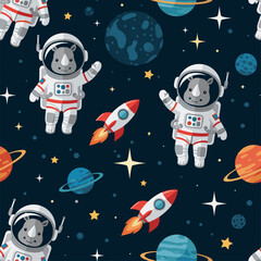 Adorable rhino astronauts and rockets in space, perfect for children's books, textiles, or wallpaper. © Astroboy