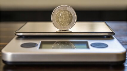 A digital scale displays a coin, emphasizing precision in measurement and currency valuation.