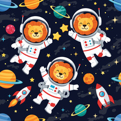 Cute lions in spacesuits floating in space, perfect for children's book illustrations or space-themed products.