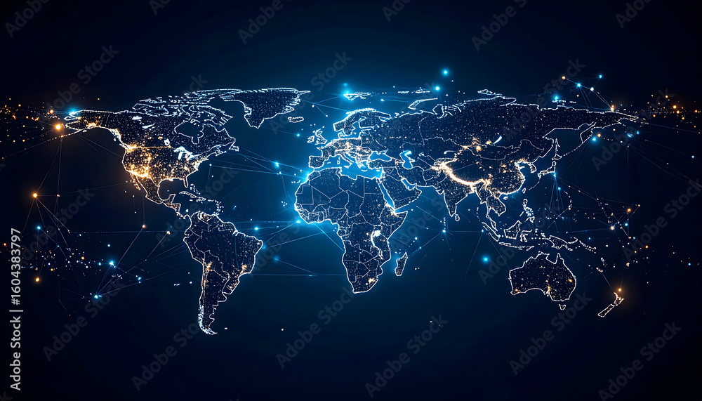 Poster digital world map global network connections and data visualization