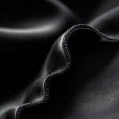 Detailed close-up of a wavy satin edge in soft lighting, ideal for beauty, fashion, textile-focused visual content. Macro view of black satin fabric edge in soft light