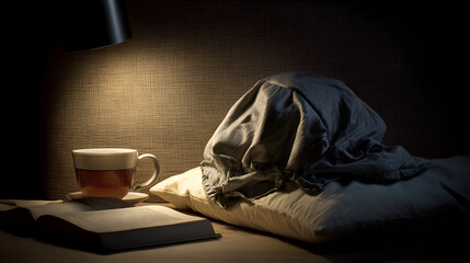 Night scene with striped satin sleep bonnet, cup of tea, and book on bedside table, evoking cozy and relaxing bedtime atmosphere