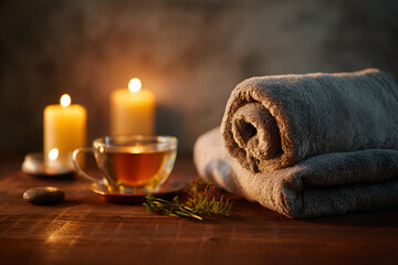 Cozy home spa setup with candles and tea on wooden surface. Warm lighting illuminates candles, herbal tea, and towels on a rustic wooden table, evoking relaxation and wellness atmosphere for spa