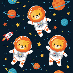 Cute lion astronauts floating in space, perfect for children's books, textiles, or websites.
