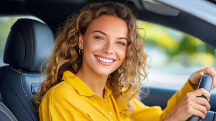 Cheerful female driver with brown curly hair in white blouse, looking back while driving, smile, contemporary vehicle interior, bright natural lighting, confident driving pose, candid moment,realistic