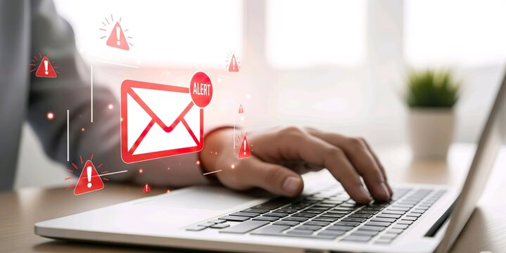 System hacked warning alert on notebook (Laptop). Cyber attack on computer network, Virus, Spyware, Malware or Malicious software. Cyber security and cybercrime