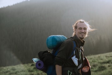 Hiker in Karpathian Mountains with Backpack