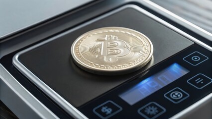 Bitcoin coin on a stylish display with digital interface, symbolizing cryptocurrency and modern finance.
