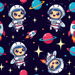 Adorable astronaut kids seamless pattern for kids' apparel, fabric, and space-themed projects.