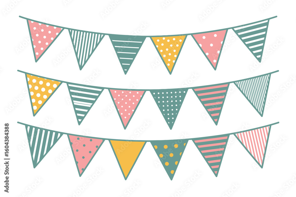 Poster three strings of colorful triangle shaped party flags with various patterns hanging on a white backg